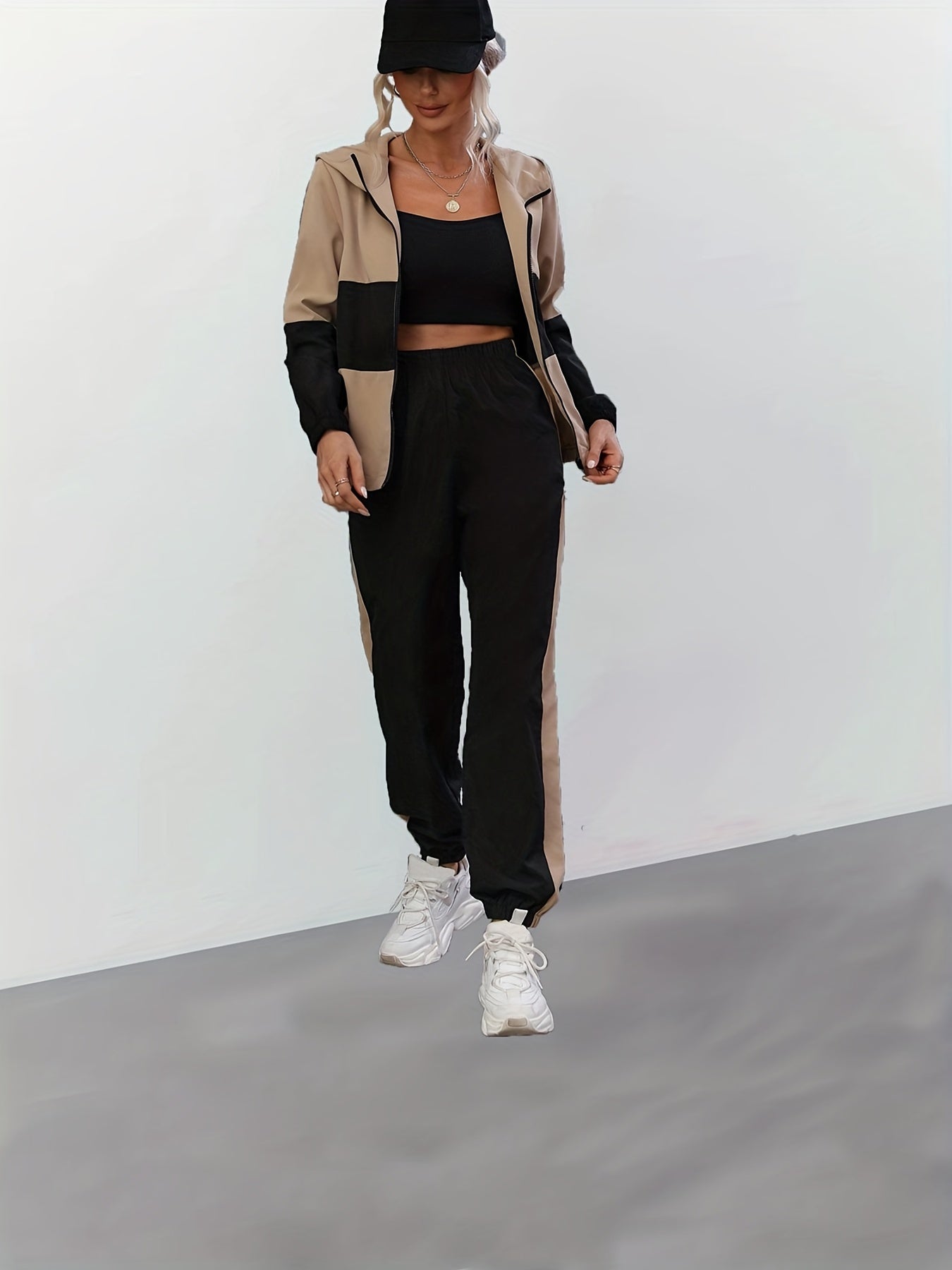 Color Block Casual Two-piece Set, Zip Up Long Sleeve Hooded Tops & Jogger Pants Outfits, Women's Clothing