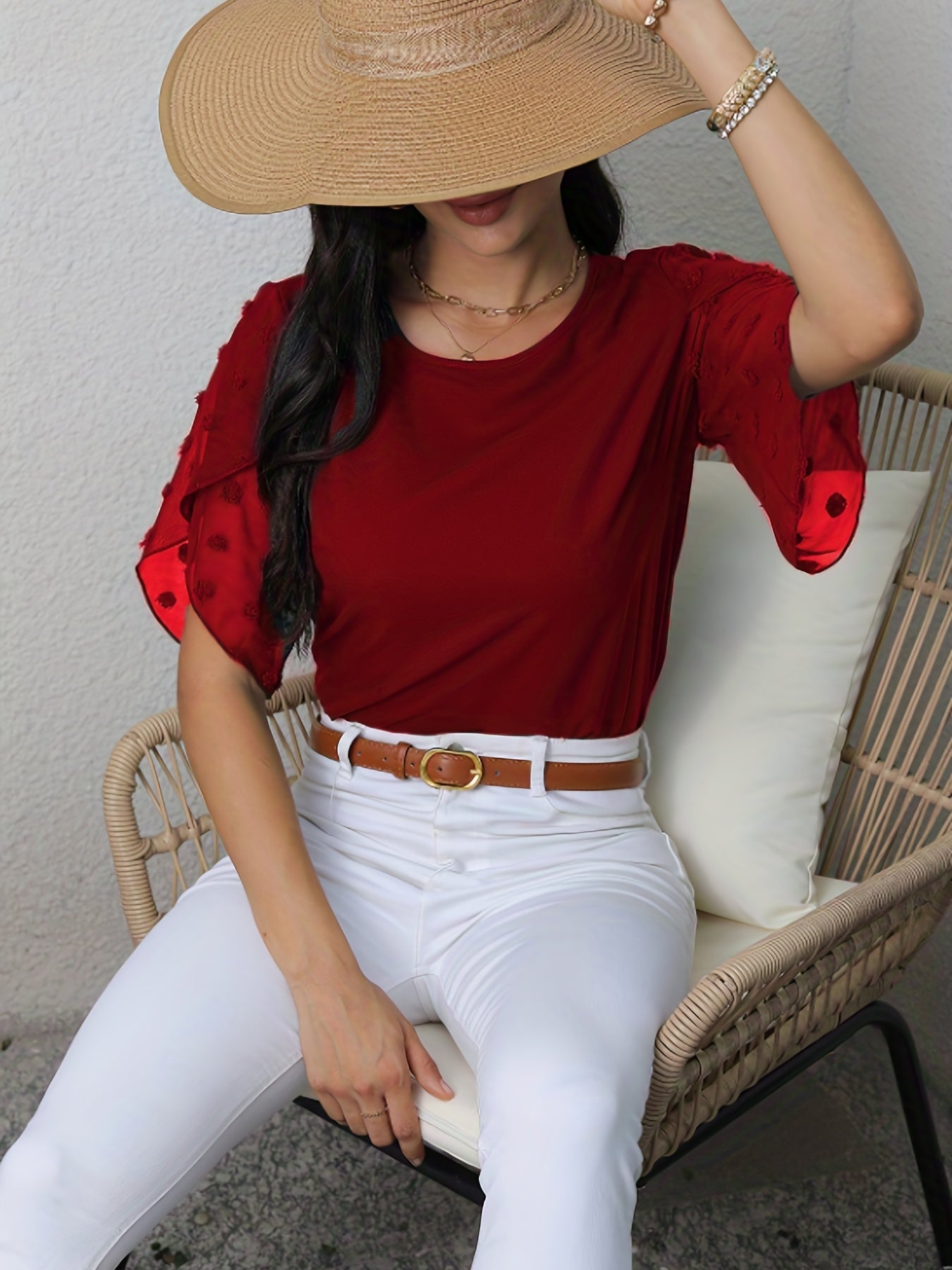 vlovelaw Swiss Dot Half Sleeve Blouse, Casual Solid Crew Neck Summer Blouse, Women's Clothing