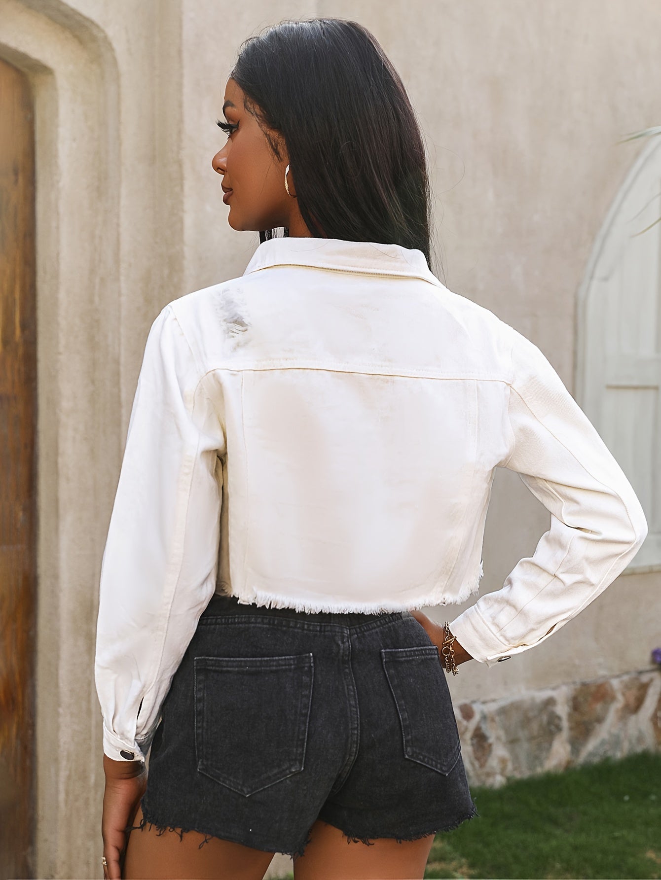 vlovelaw  Raw Hem Plain Cropped Denim Coat, Lapel Single-breasted White Denim Jacket, Women's Denim Jeans & Clothing