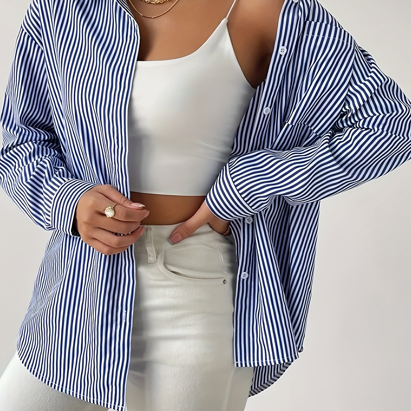 Striped Button Front Shirt, Casual Long Sleeve Lapel Shirt, Women's Clothing