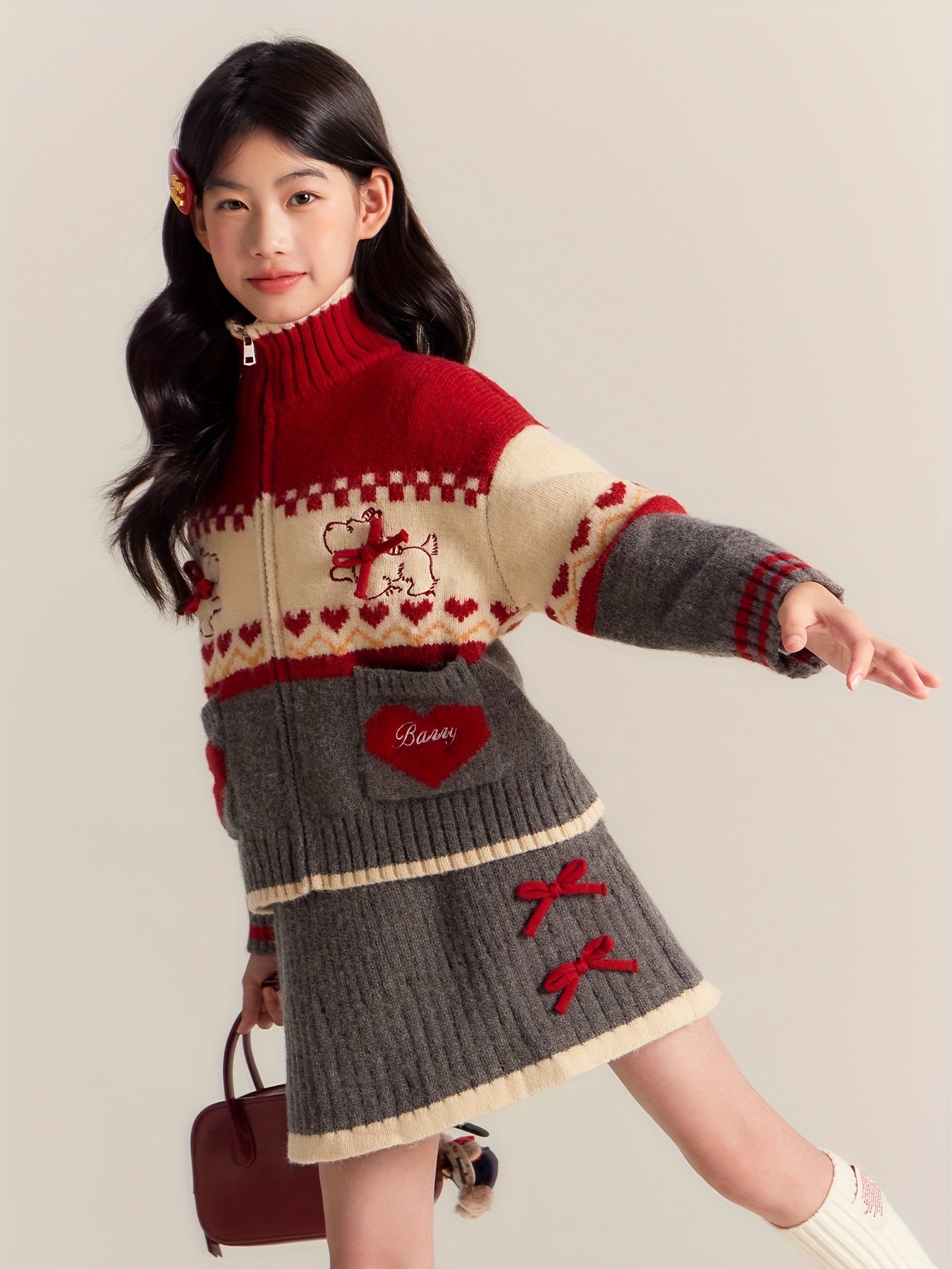 Little Girl Christmas Set Christmas Letter Embroidery Long Sleeve Sweatshirt Top + Skirt