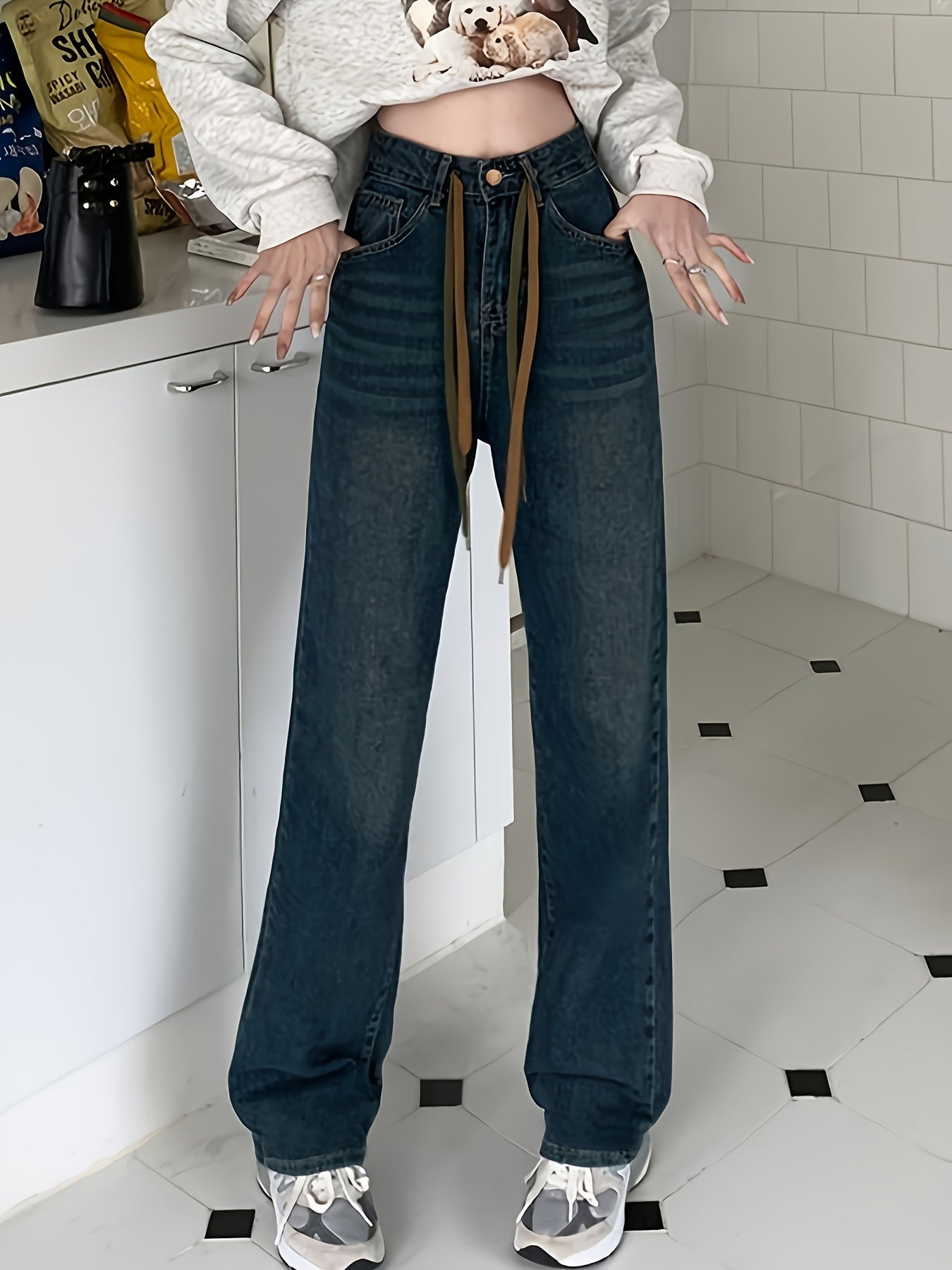 vlovelaw High Waist Drawstring Straight Jeans, Loose Fit Slant Pockets Versatile Denim Pants, Women's Denim Jeans & Clothing