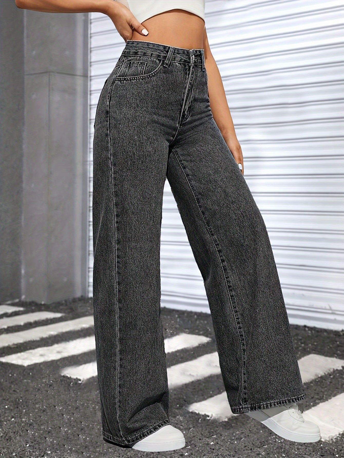 Loose Fit Washed Baggy Jeans, Slant Pockets Non-Stretch Casual Wide Legs Jeans, Women's Denim Jeans & Clothing