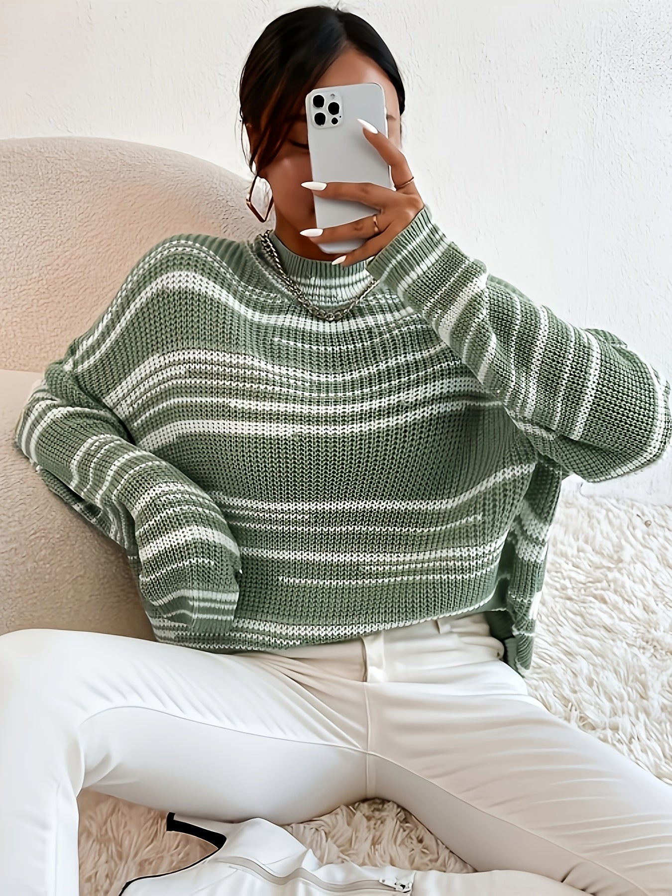 vlovelaw Striped Crew Neck Pullover Sweater, Casual Long Sleeve Drop Shoulder Loose Sweater, Women's Clothing
