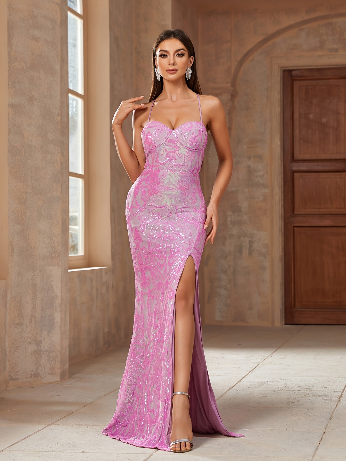 vlovelaw Sequin Spaghetti Strap Dress, Elegant Backless Split Thigh Evening Dress For Party & Banquet, Women's Clothing