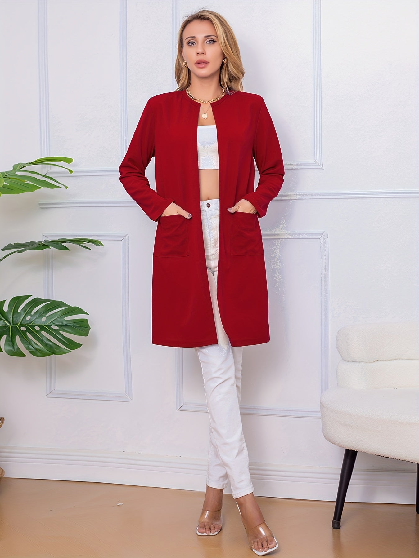 vlovelaw Long Length Open Front Coat, Casual Long Sleeve Solid Outerwear, Women's Clothing