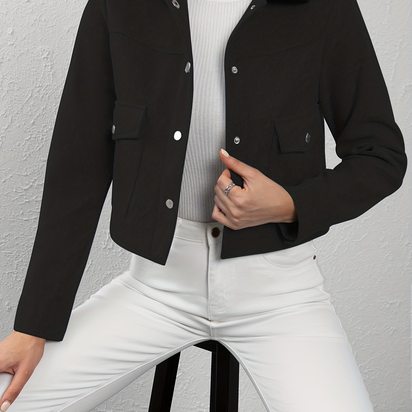 Solid Button Front Lapel Neck Jacket, Casual Long Sleeve Outerwear For Spring & Fall, Women's Clothing