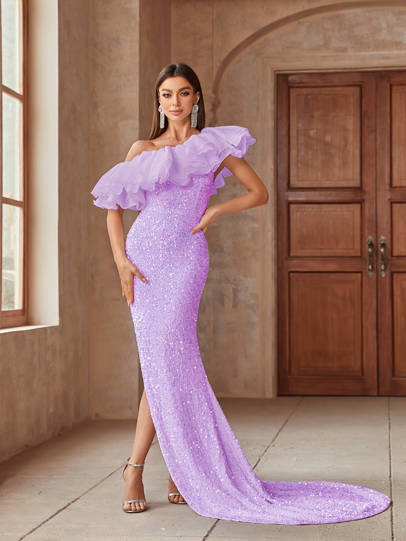 vlovelaw Sequined Layered Ruffle Trim Dress, Elegant Mesh Slant Shoulder Split Floor Length Dress For Party & Banquet, Women's Clothing