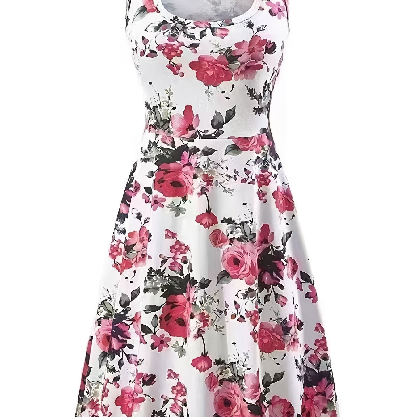 vlovelaw Plus Size Elegant Dress, Women's Plus Floral Print Round Neck Medium Stretch Tank Dress