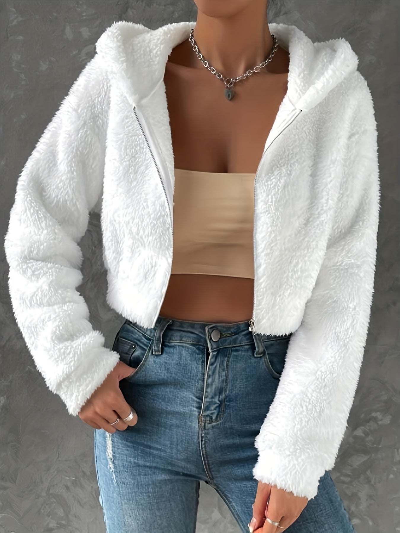 vlovelaw Solid Color Zip-up Teddy Hoodie, Casual Long Sleeve Hoodie Jacket, Women's Clothing