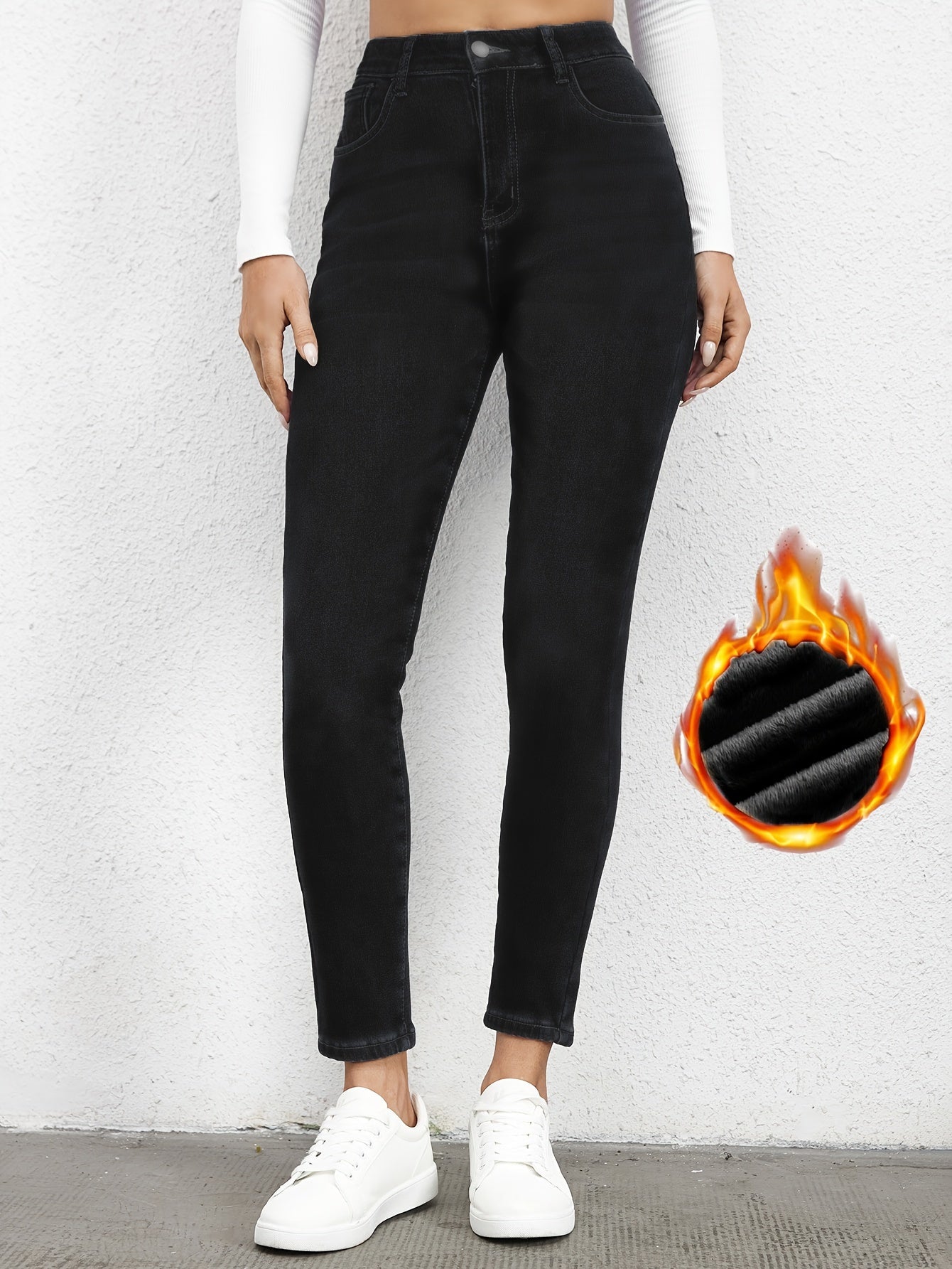 vlovelaw Plain Fleece Liner Skinny Jeans, Slim Fit Mid-Stretch Keep Warm Casual Denim Pants, Women's Denim Jeans & Clothing