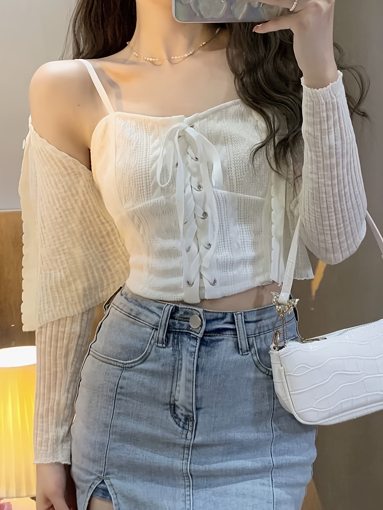 vlovelaw Lace Up Crop Cami Top, Chic Sleeveless Strap Top For Summer, Women's Clothing
