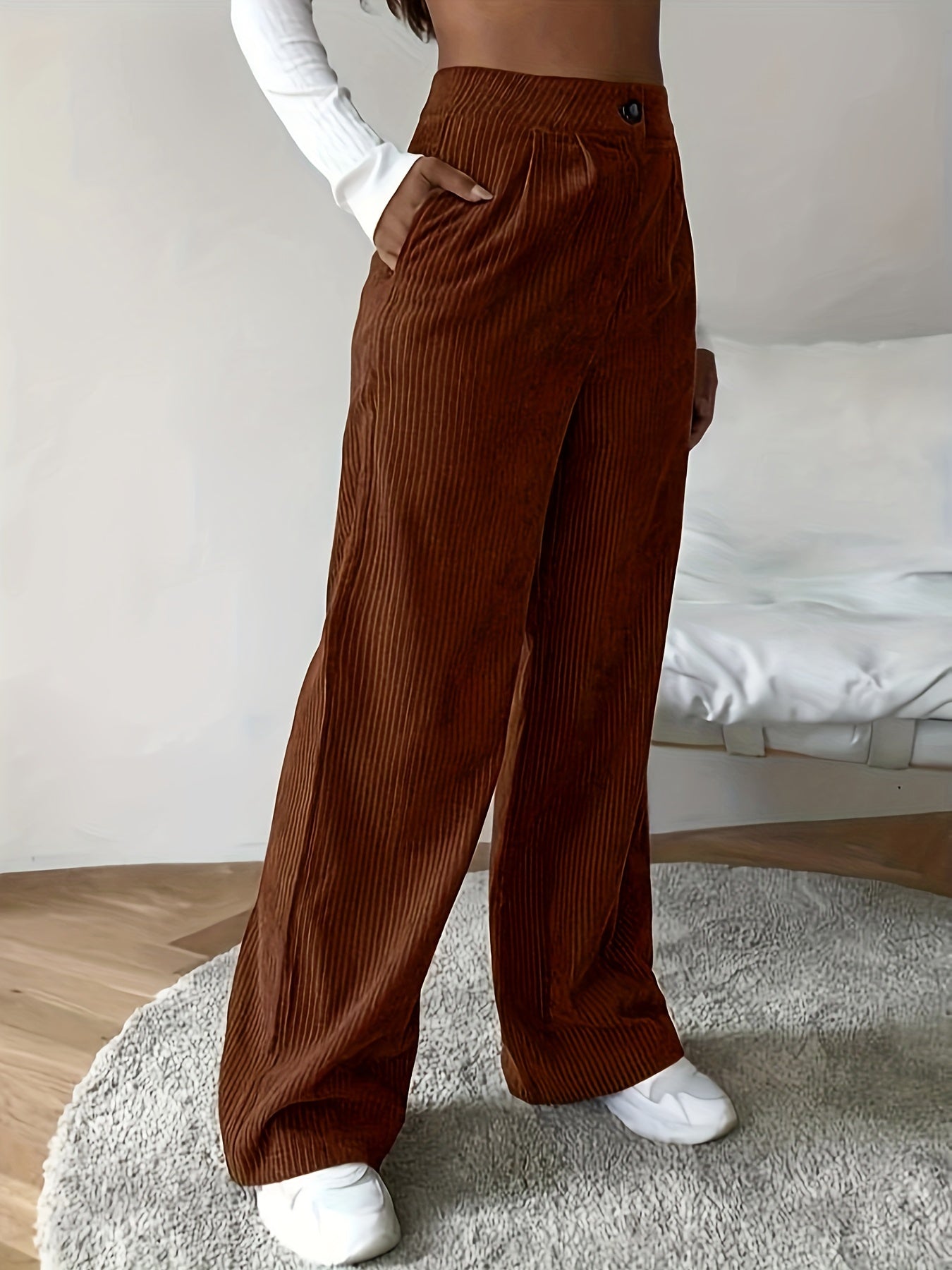 vlovelaw Plus Size Elegant Pants, Women's Plus Solid Corduroy Button Fly High Rise Slight Stretch Wide Leg Trousers With Pockets