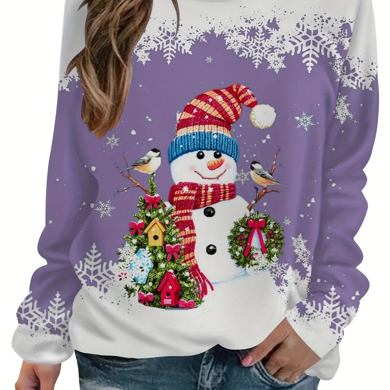 vlovelaw Christmas Snowman Printed Warm Sports Sweatshirts, Long-sleeved Round Neck Casual Sports Pullover Tops For Winter And Autumn, Women's Sporty Sweatshirts