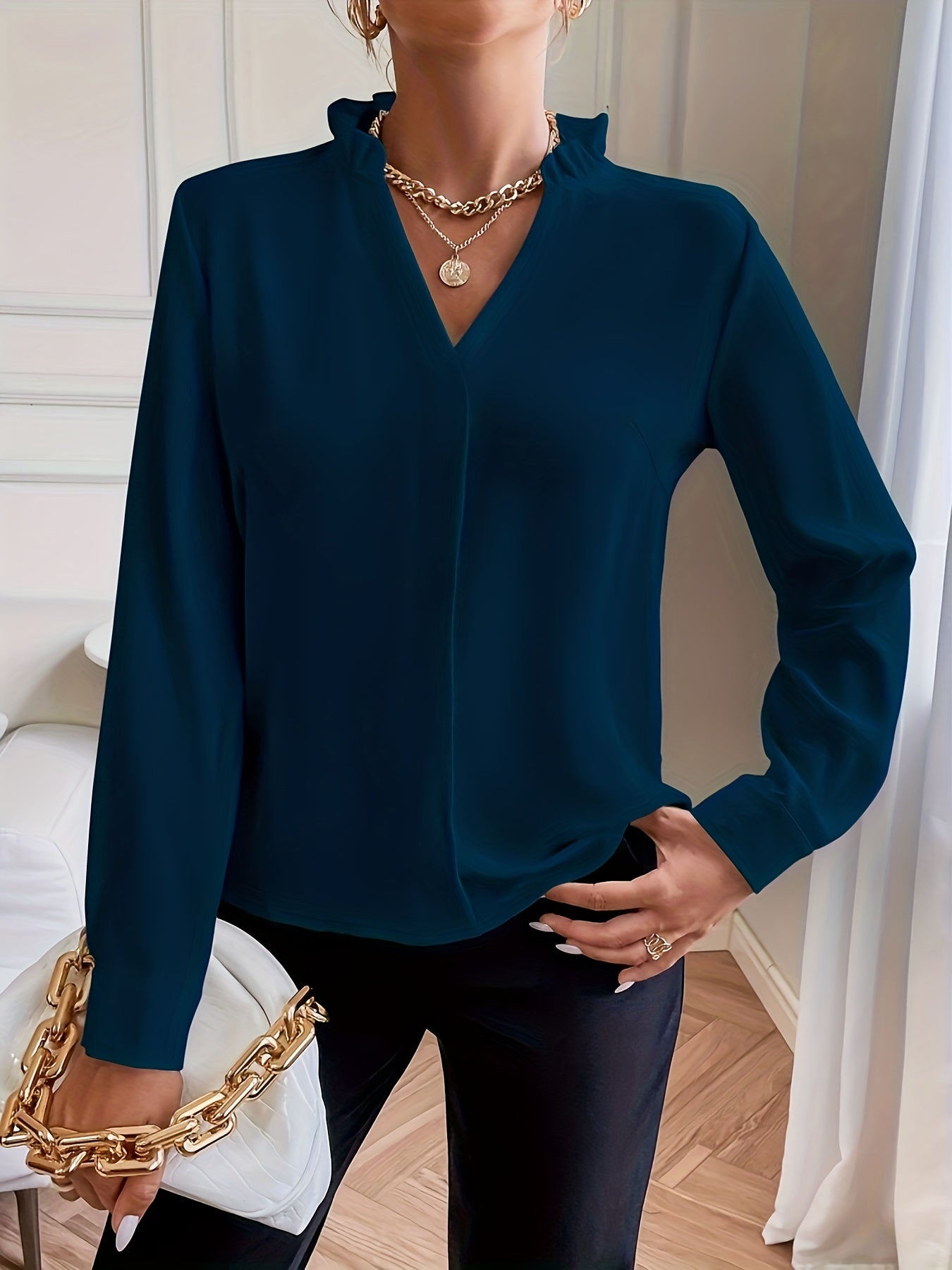 vlovelaw Simple Solid Blouse, Elegant Lettuce Trim V Neck Long Sleeve Blouse, Women's Clothing