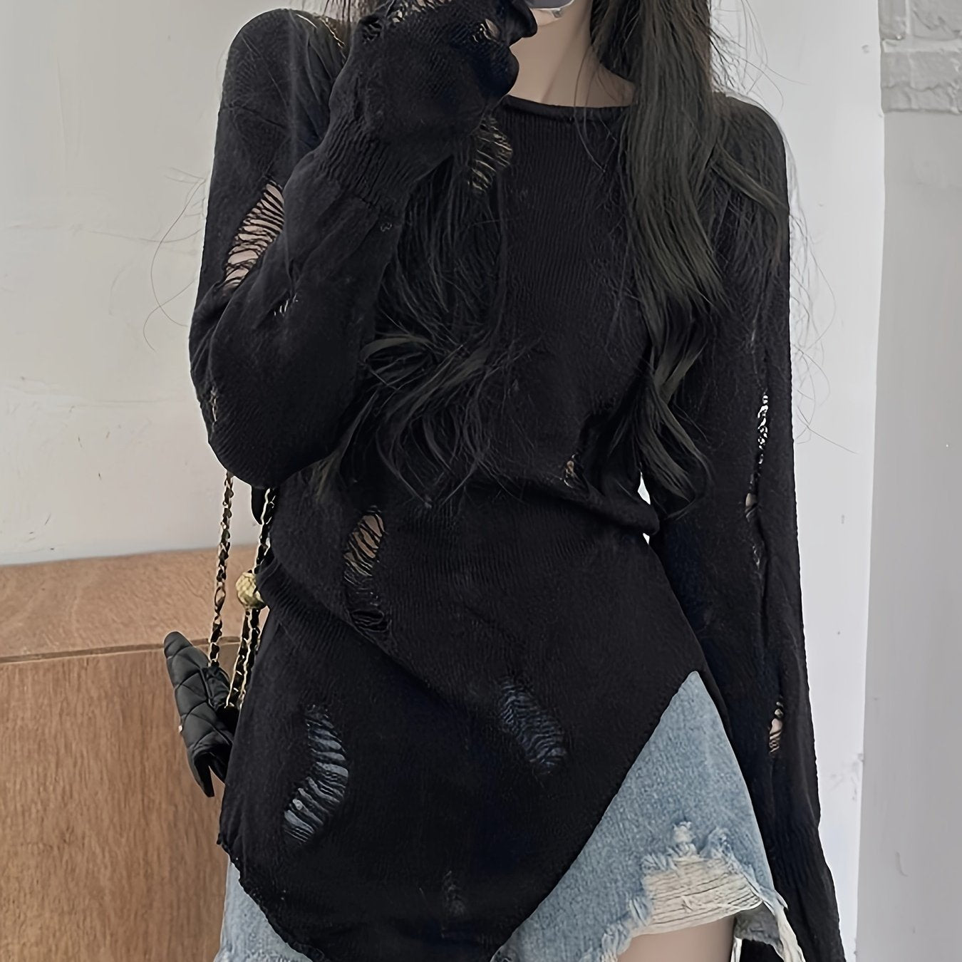 vlovelaw Y2K Solid Boat Neck Ripped Sweater, Asymmetrical Hem Long Sleeve Sweater For Spring & Fall, Women's Clothing