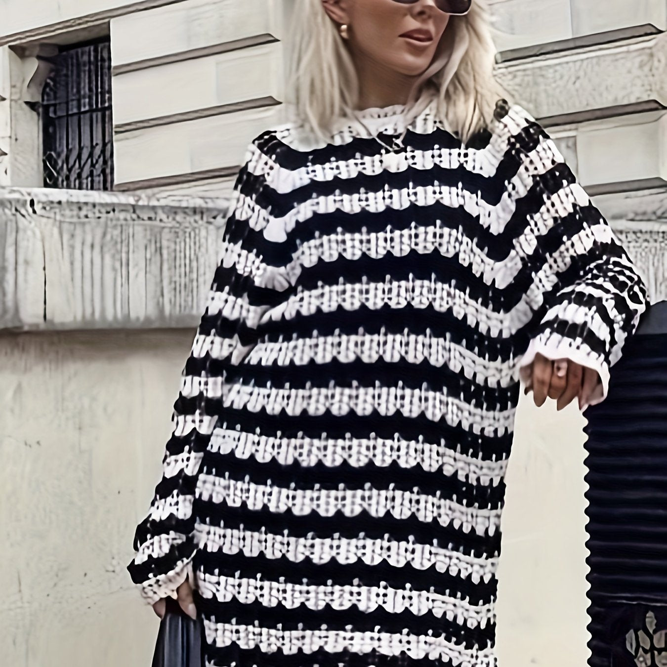 vlovelaw Striped Oversized Long Length Pullover Sweater, Casual Long Sleeve Sweater For Spring & Fall, Women's Clothing