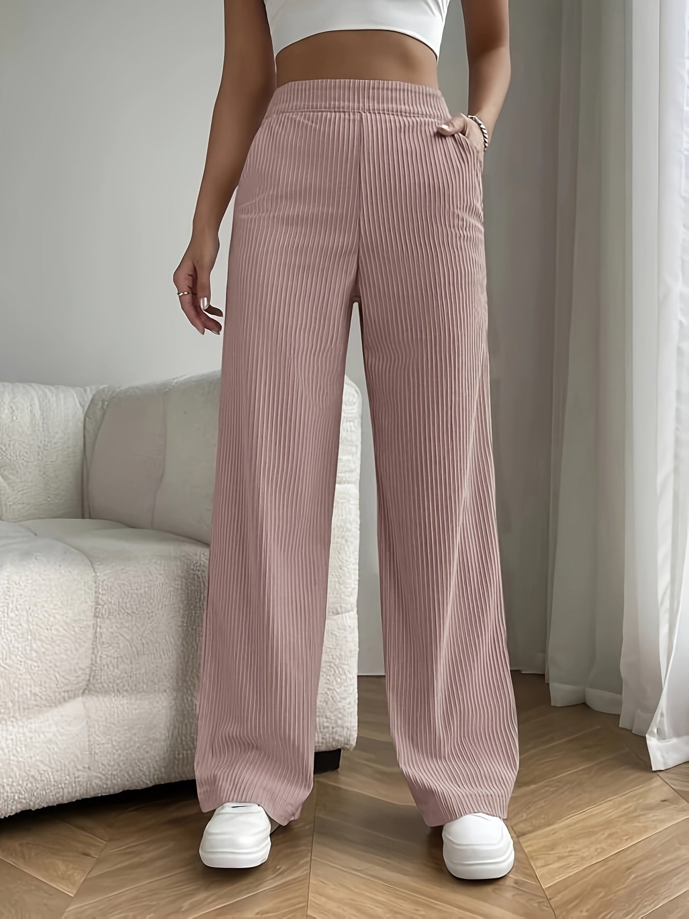 vlovelaw Solid Color Ribbed Casual Pants, Elastic Waist Running Sports Wide Leg Pants, Women's Activewear