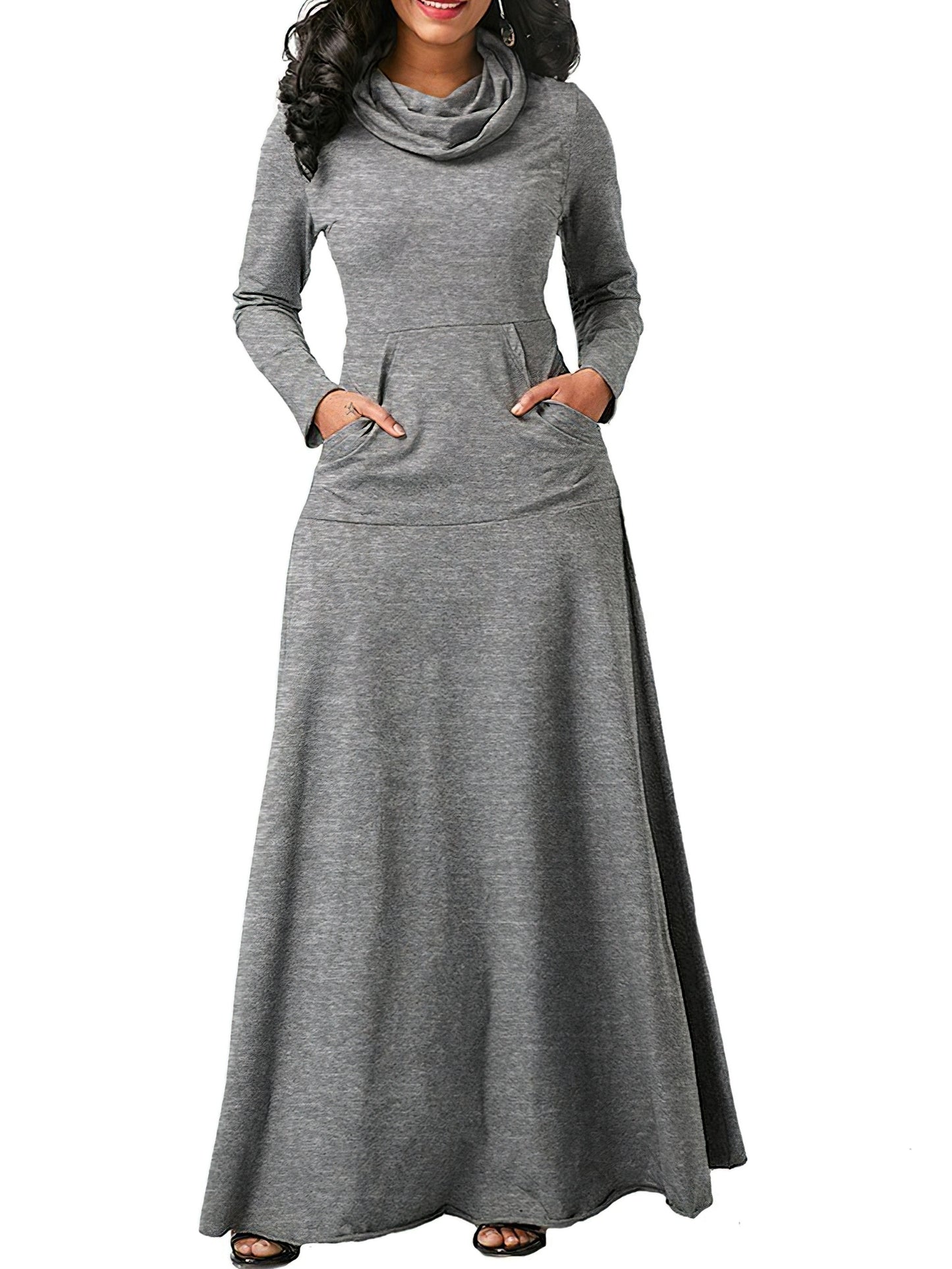 Plus Size Casual Dress, Women's Plus Solid Long Sleeve Turtleneck High Stretch Maxi Dress With Pockets