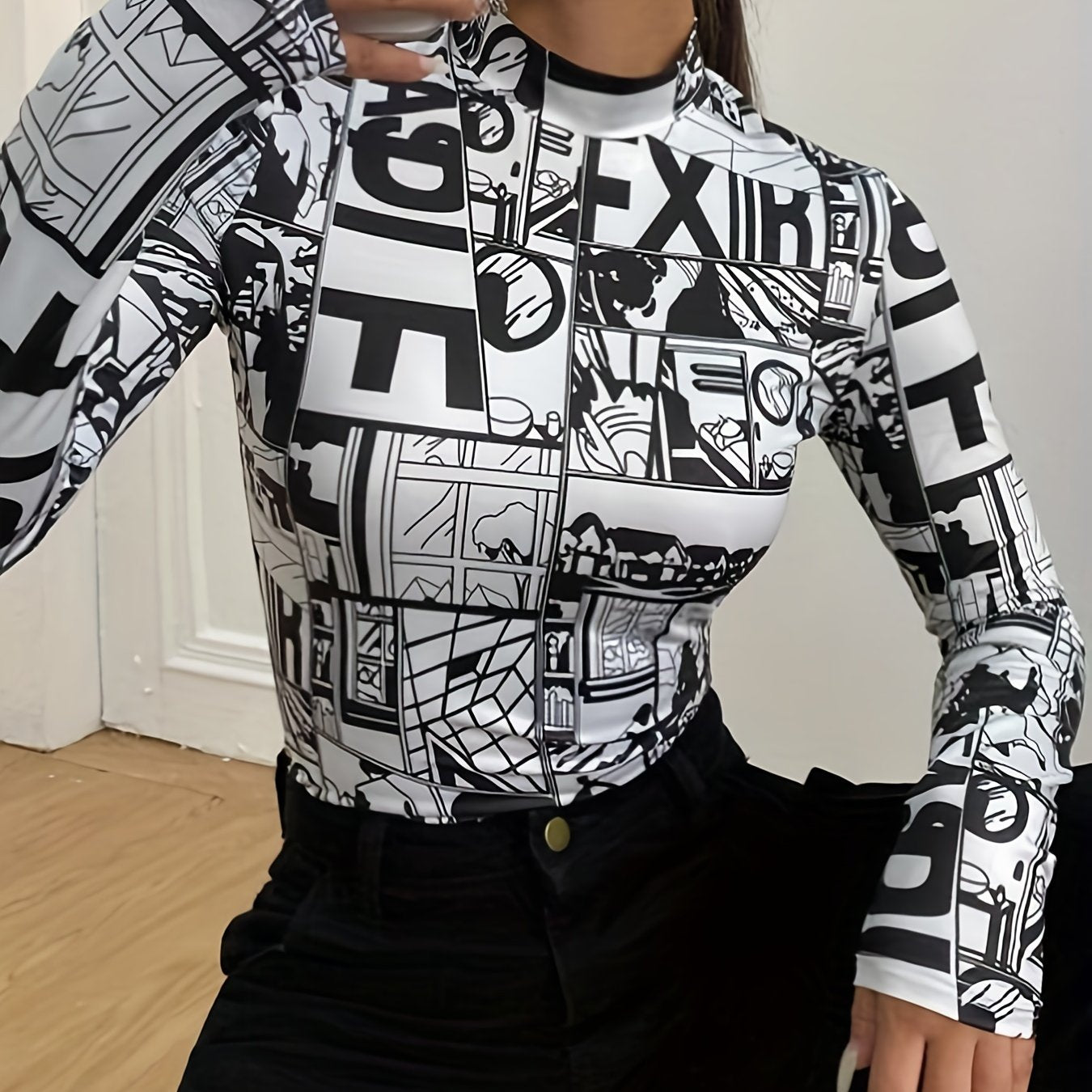 Y2K Anime Print T-Shirt, Long Sleeve High Neck Casual Top, Women's Clothing