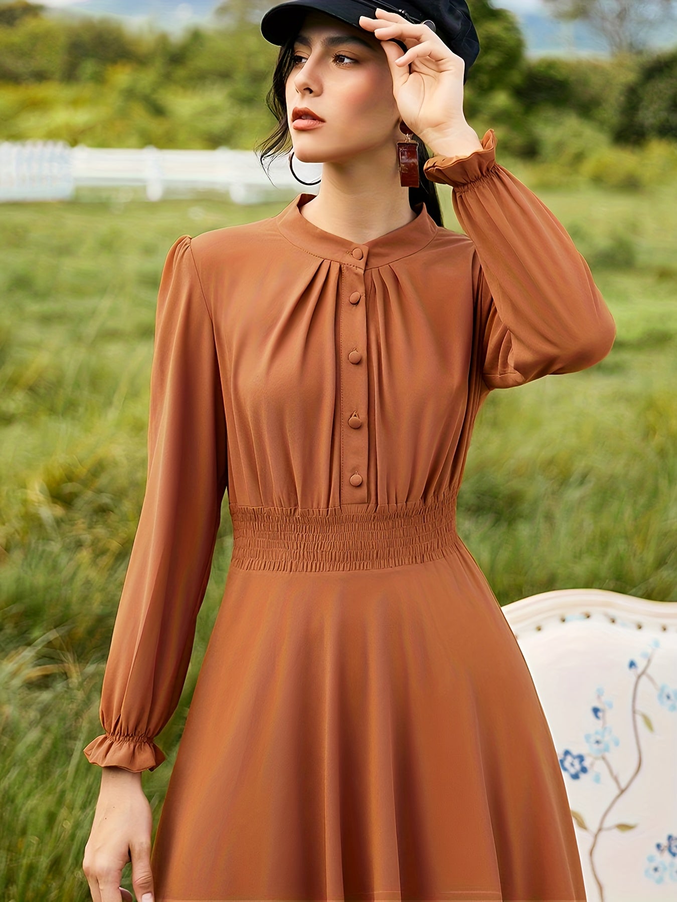 vlovelaw Solid Crew Neck Button Decor Burqas, Elegant Long Sleeve Maxi Dress, Women's Clothing