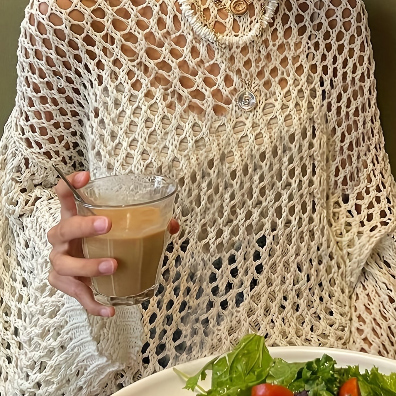vlovelaw Crochet Cut Out Cover Up Top, Y2K Long Sleeve Crew Neck Top, Women's Clothing