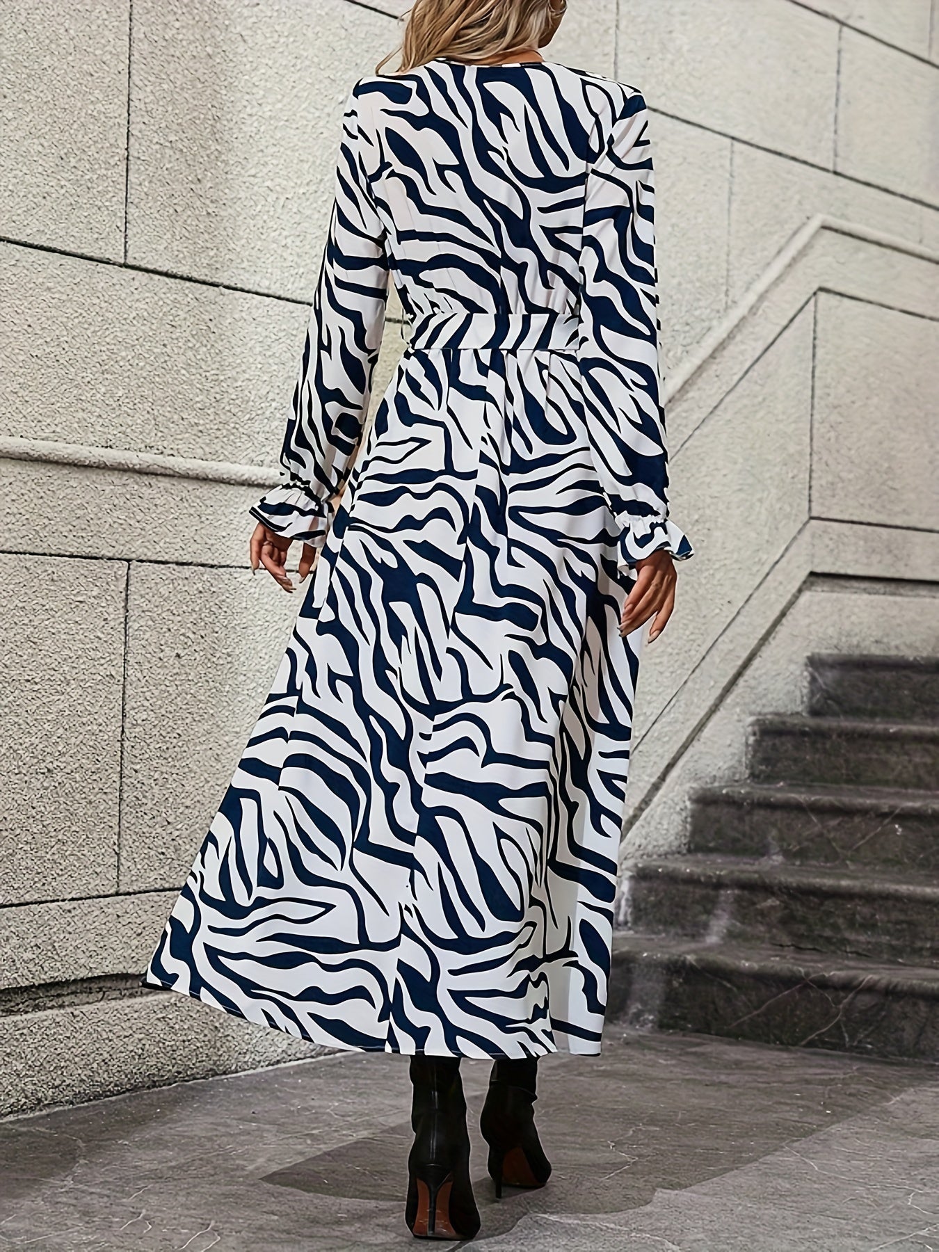 Zebra Stripe Print Lantern Sleeve Dress, Surplice Neck Tie-waist Dress, Women's Clothing