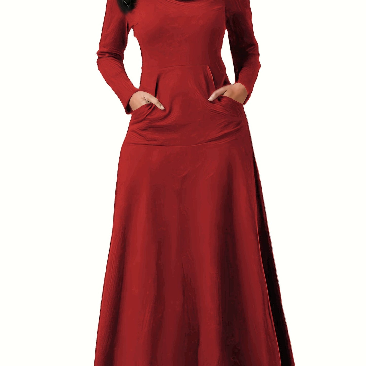 Plus Size Casual Dress, Women's Plus Solid Long Sleeve Turtleneck High Stretch Maxi Dress With Pockets