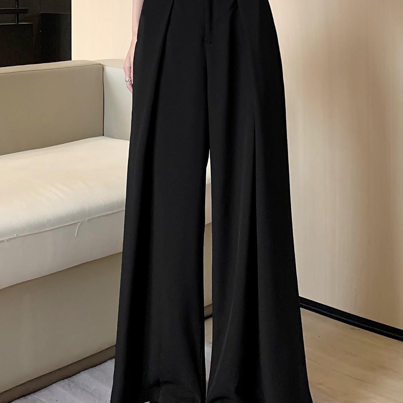 vlovelaw Solid Button Front Wide Leg Pants, Versatile High Waist Pants For Spring & Fall, Women's Clothing