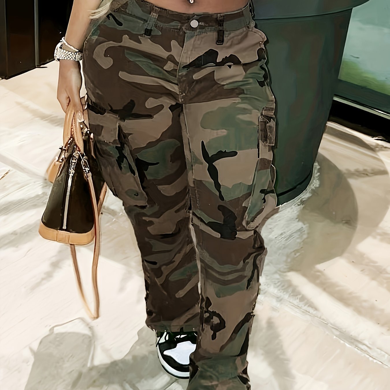 vlovelaw Camouflage Print Stretchy Cargo Jeans, Multi-pocket Loose Outdoor Denim Pants, Women's Denim Jeans & Clothing