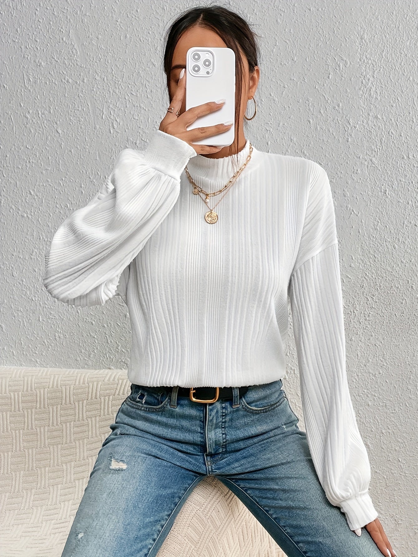 Solid Mock Neck Simple T-Shirt, Versatile Lantern Sleeve Drop Shoulder T-Shirt For Spring & Fall, Women's Clothing