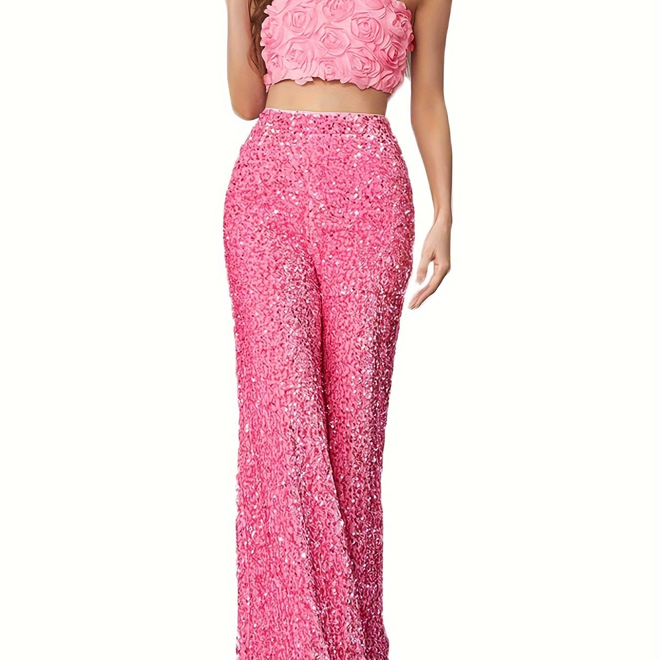 vlovelaw Casual Solid Two-piece Pants Set, Sleeveless 3D Flower Design Tube Top & High Waisted Sequin Flared Pants Outfits, Women's Clothing