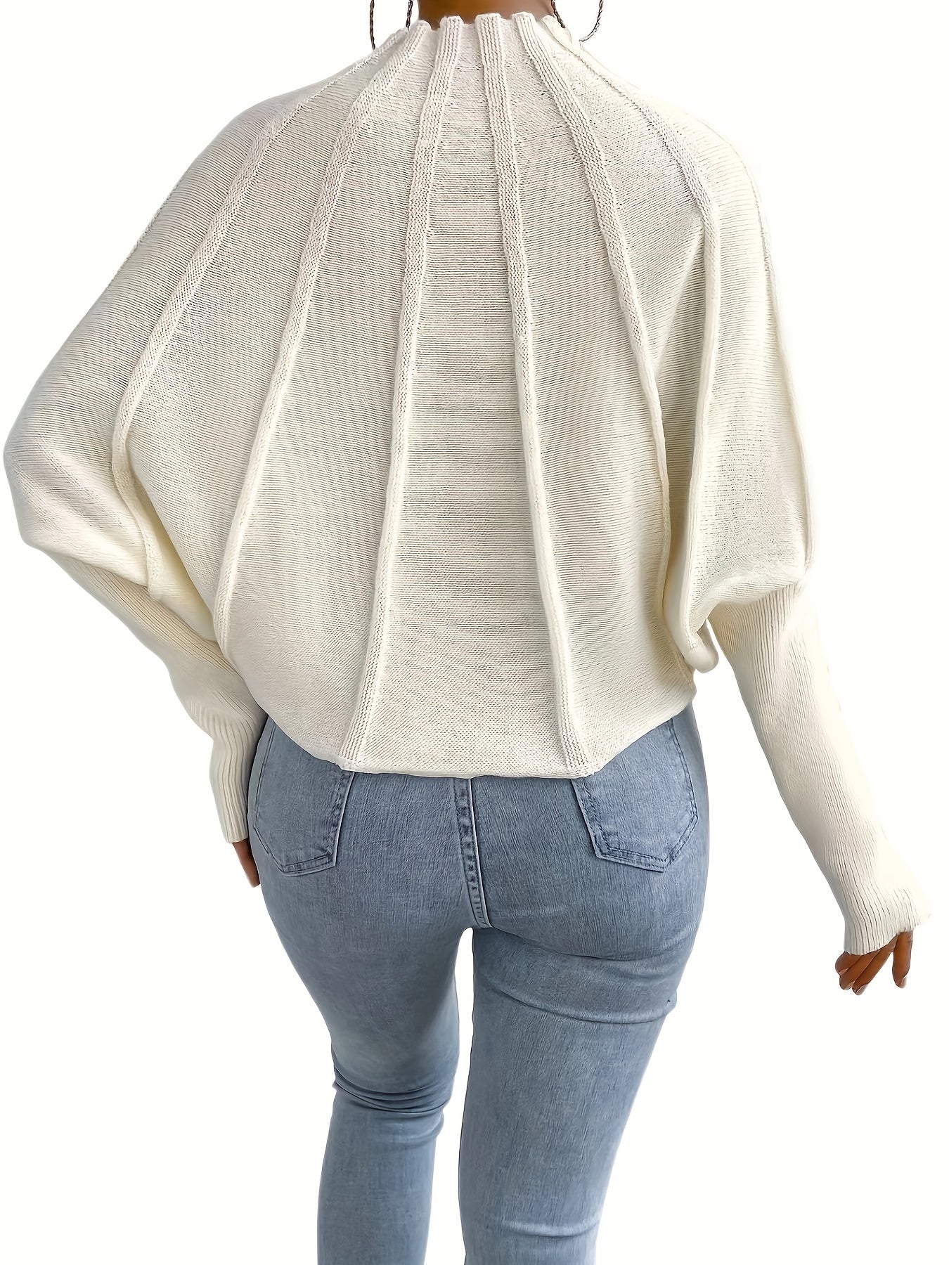 vlovelaw Solid Mock Neck Pullover Sweater, Elegant Batwing Sleeve Stylish Sweater, Women's Clothing