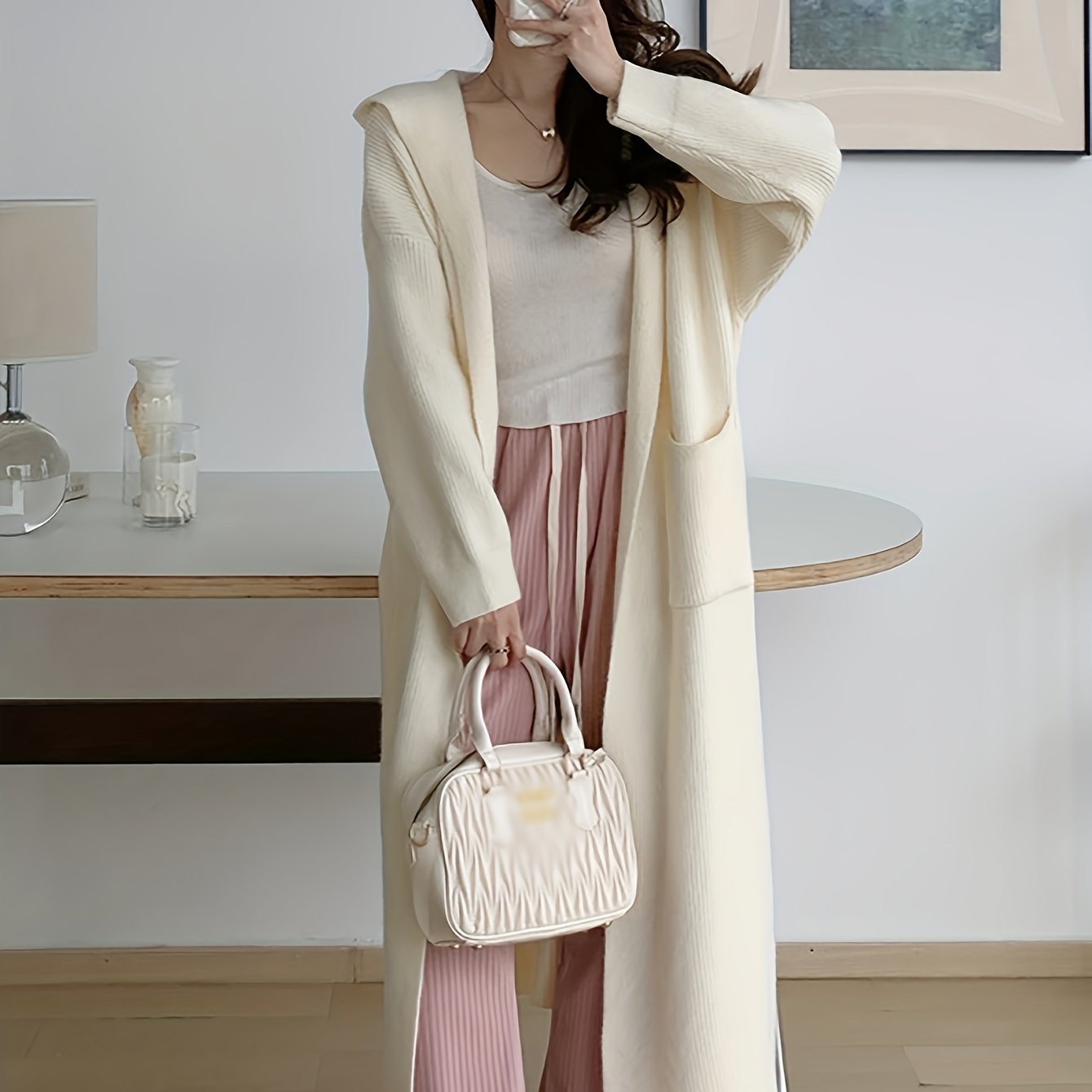 vlovelaw Solid Open Front Hooded Knit Cardigan, Casual Long Sleeve Mid Length Pocket Sweater Coat, Women's Clothing