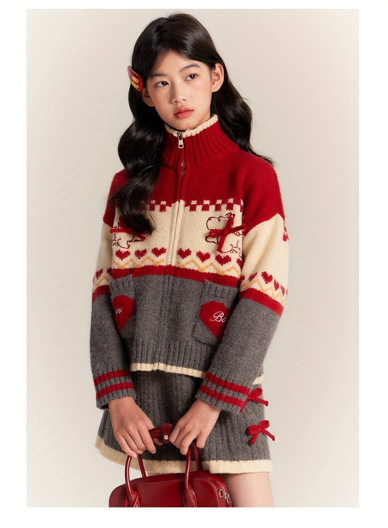 Little Girl Christmas Set Christmas Letter Embroidery Long Sleeve Sweatshirt Top + Skirt