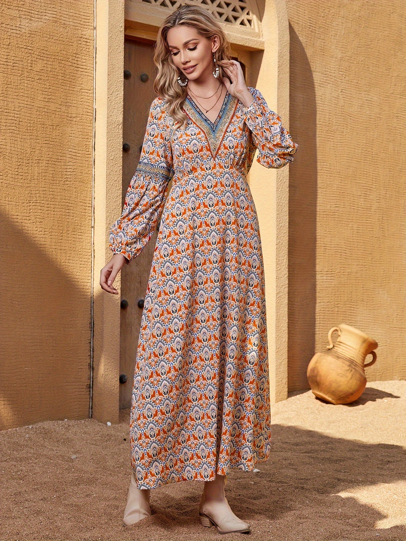 vlovelaw Boho Allover Print A-line Dress, Vintage Long Sleeve V Neck Dress For Spring & Fall, Women's Clothing