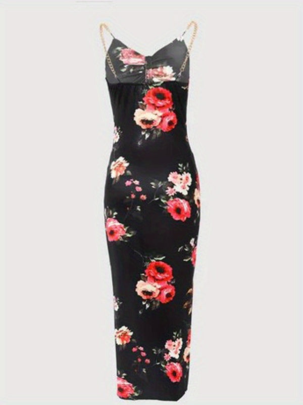 vlovelaw Floral Print Chain Strap Dress, Sexy Cut Out Sleeveless Bodycon Dress, Women's Clothing