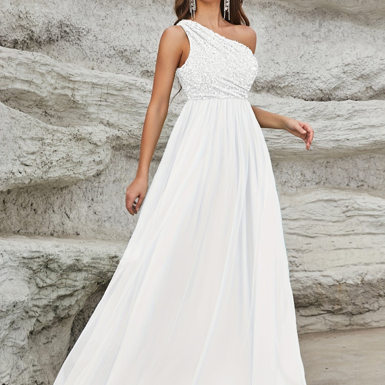 vlovelaw One Shoulder Sequin Dress, Elegant Sleeveless Dress For Party & Banquet, Women's Clothing