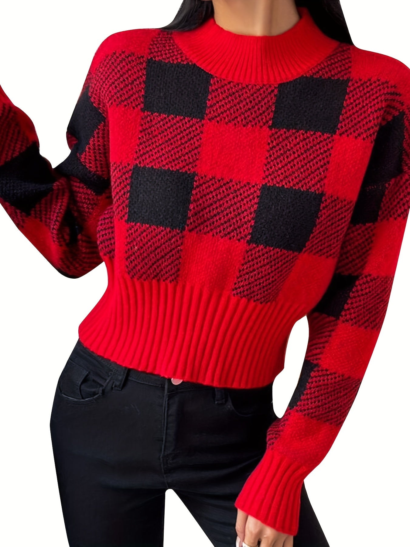 vlovelaw Plaid Crew Neck Pullover Sweater, Casual Long Sleeve Fall Winter Sweater, Women's Clothing