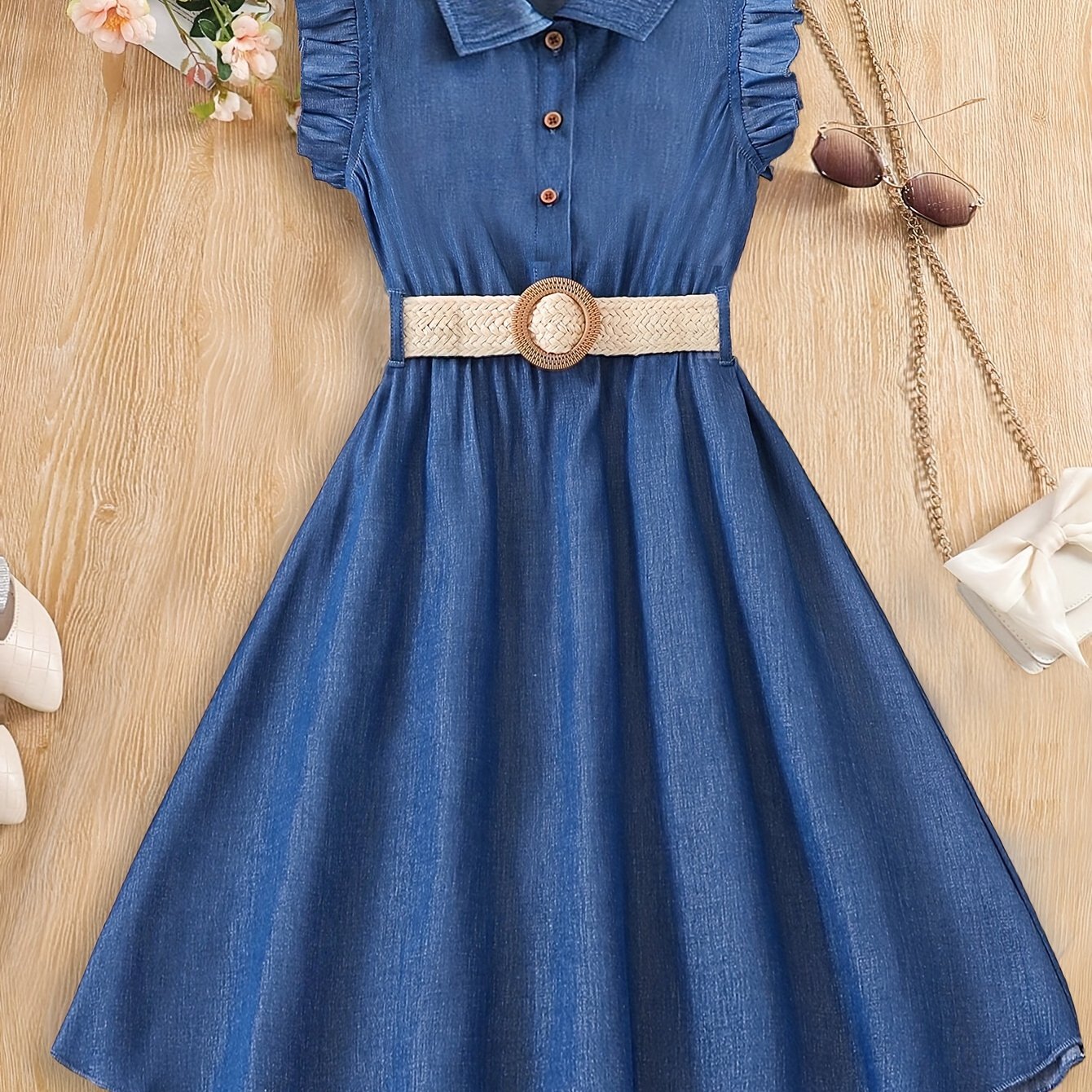 Girls Adorable Imitation Denim Frilled Sleeveless Dress - Chic Casual Style with Adjustable Belt for Trendy Little Fashionistas