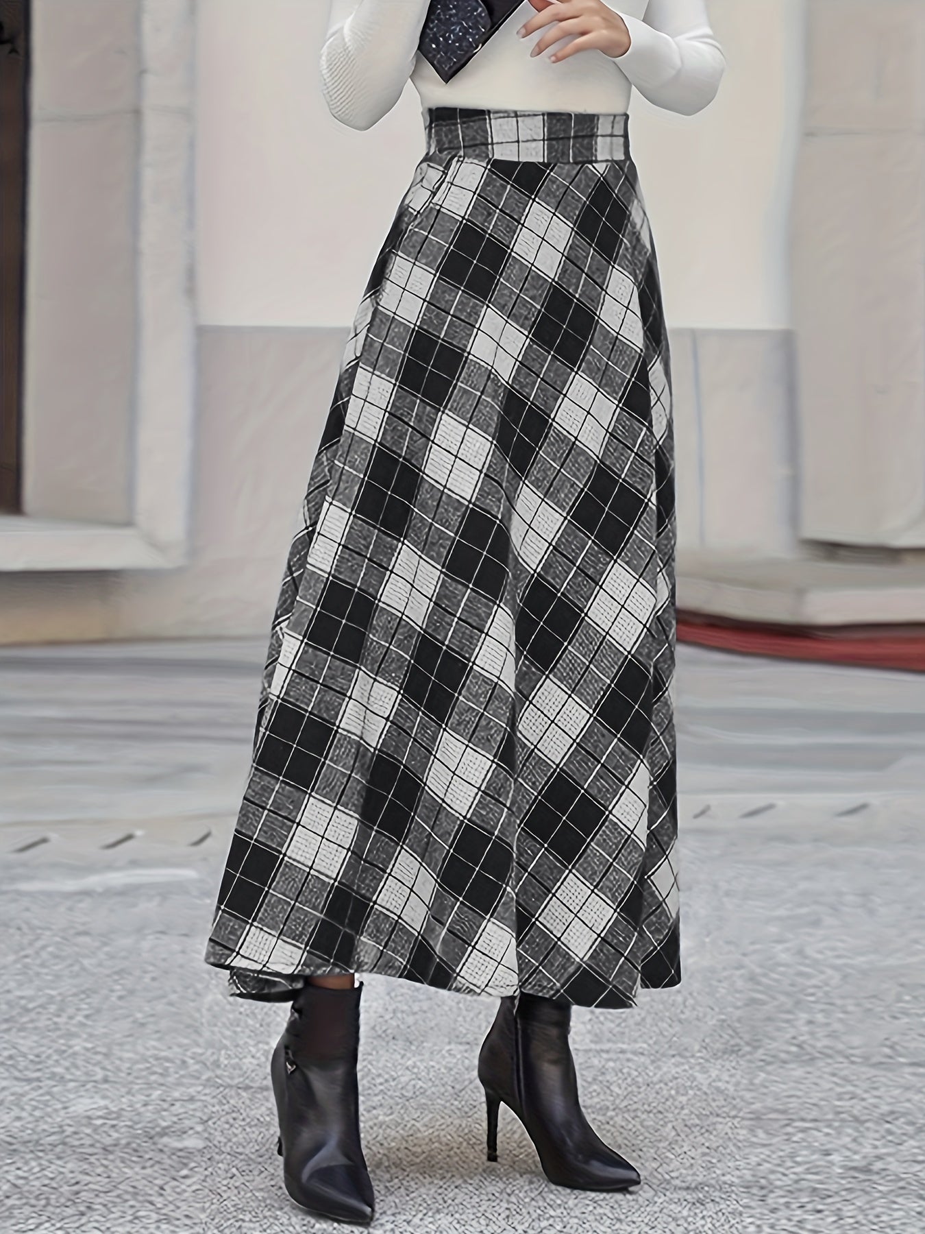 vlovelaw Plus Size Elegant Skirt, Women's Plus Plaid Print High Rise Swing Maxi Skirt With Pockets