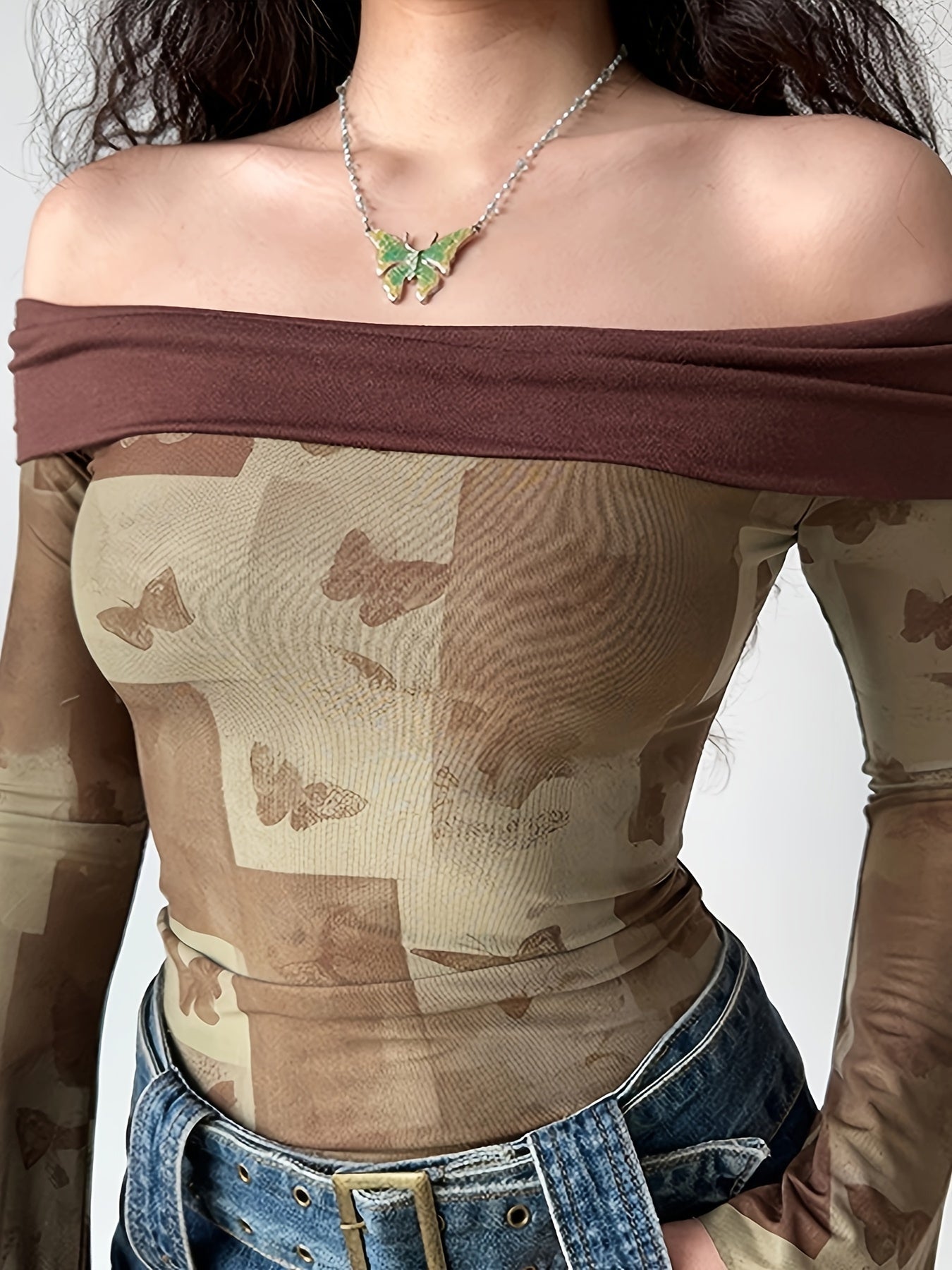 vlovelaw Butterfly Print Off Shoulder T-Shirt, Casual Long Sleeve Top For Spring & Fall, Women's Clothing