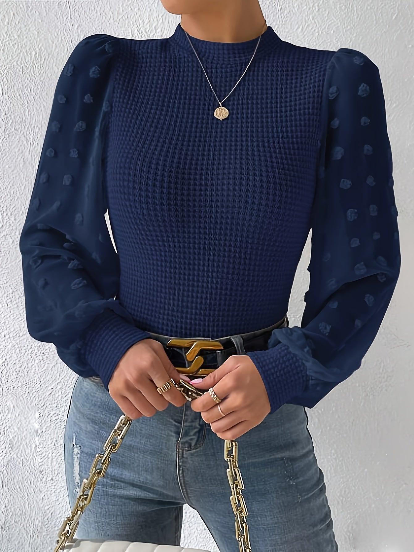 vlovelaw Textured Lantern Sleeve Top, Elegant Mock Neck Top For Spring & Fall, Women's Clothing