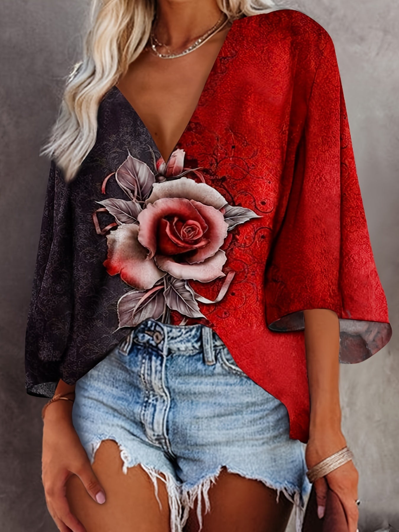 Plus Size Rose Print Bat Sleeve V Neck Top, Women's Plus Medium Stretch Casual T-shirt