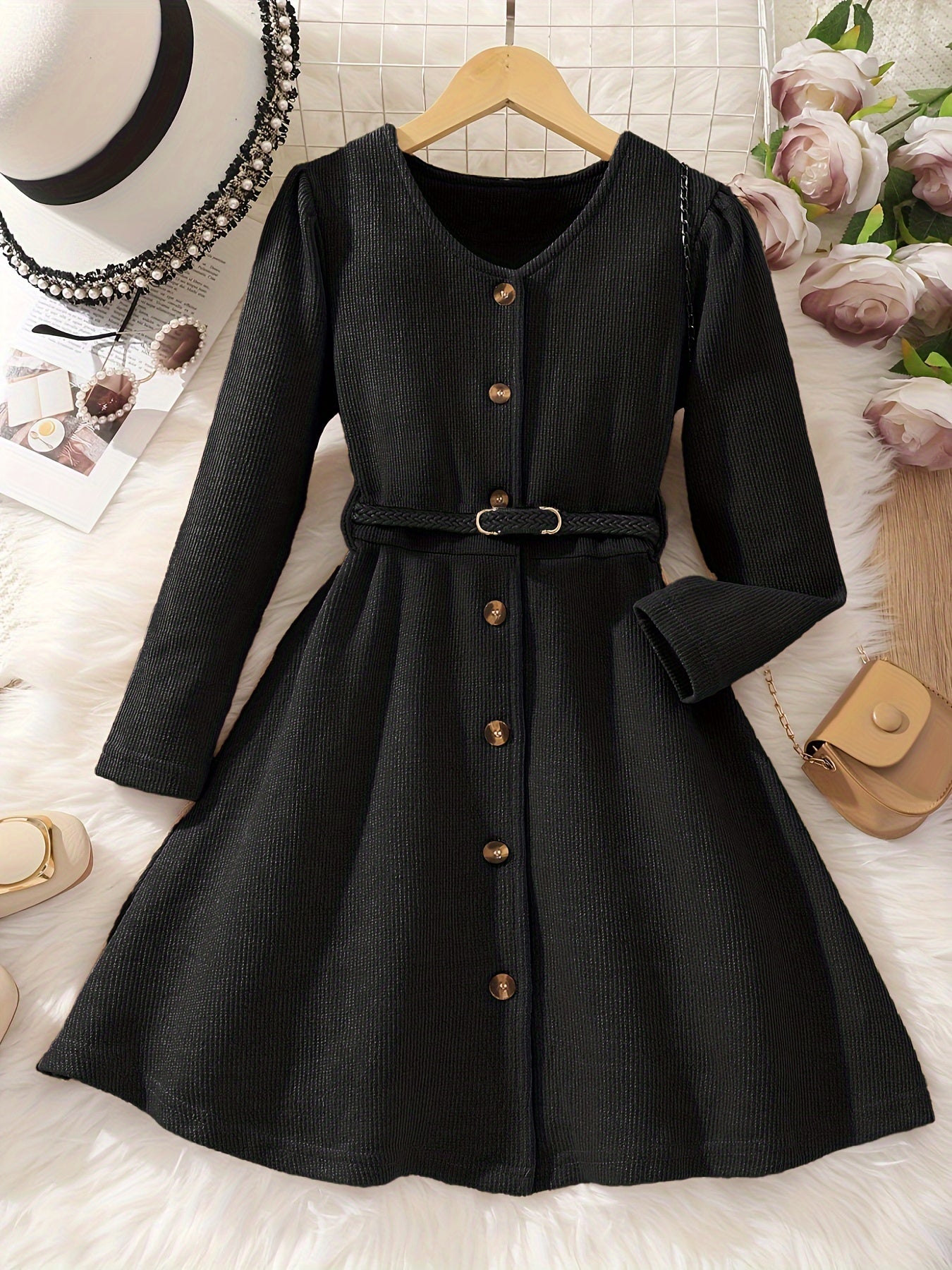 Girl's Elegant Textured Button Up Maxi Dress For Spring/autumn, Kids Clothing