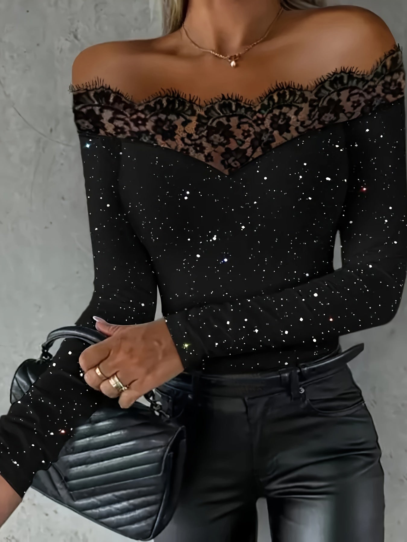 vlovelaw Contrast Lace Off-shoulder T-Shirt, Casual Long Sleeve Slim Top, Women's Clothing