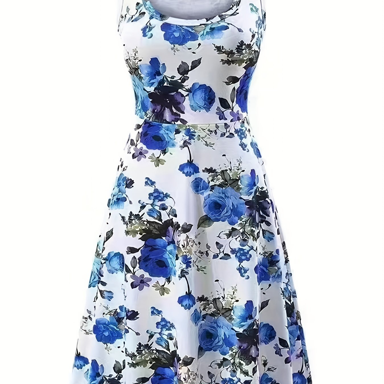vlovelaw Plus Size Elegant Dress, Women's Plus Floral Print Round Neck Medium Stretch Tank Dress