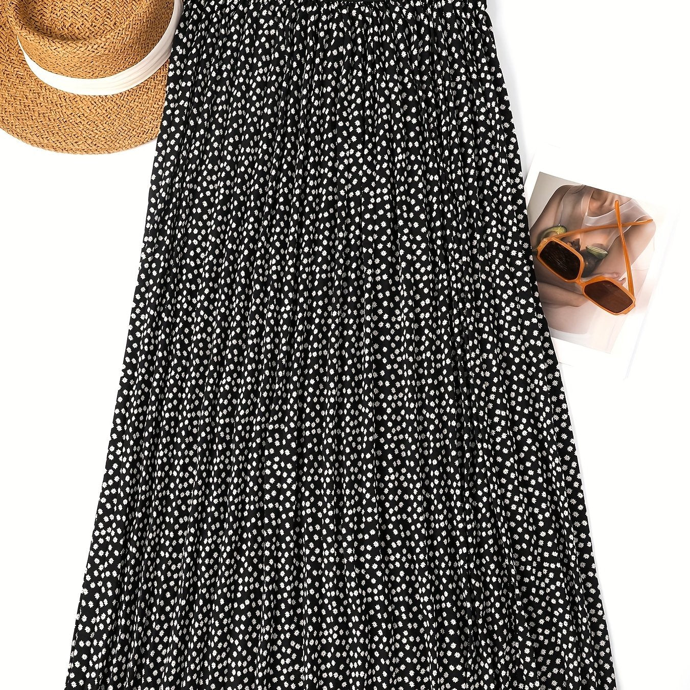 Plus Size Casual Skirt, Women's Plus Dot Print High Rise Slight Stretch Maxi Skirt