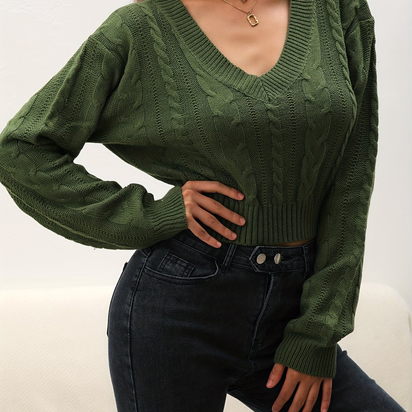 vlovelaw Solid Cable V Neck Sweater, Casual Long Sleeve Drop Shoulder Sweater, Women's Clothing