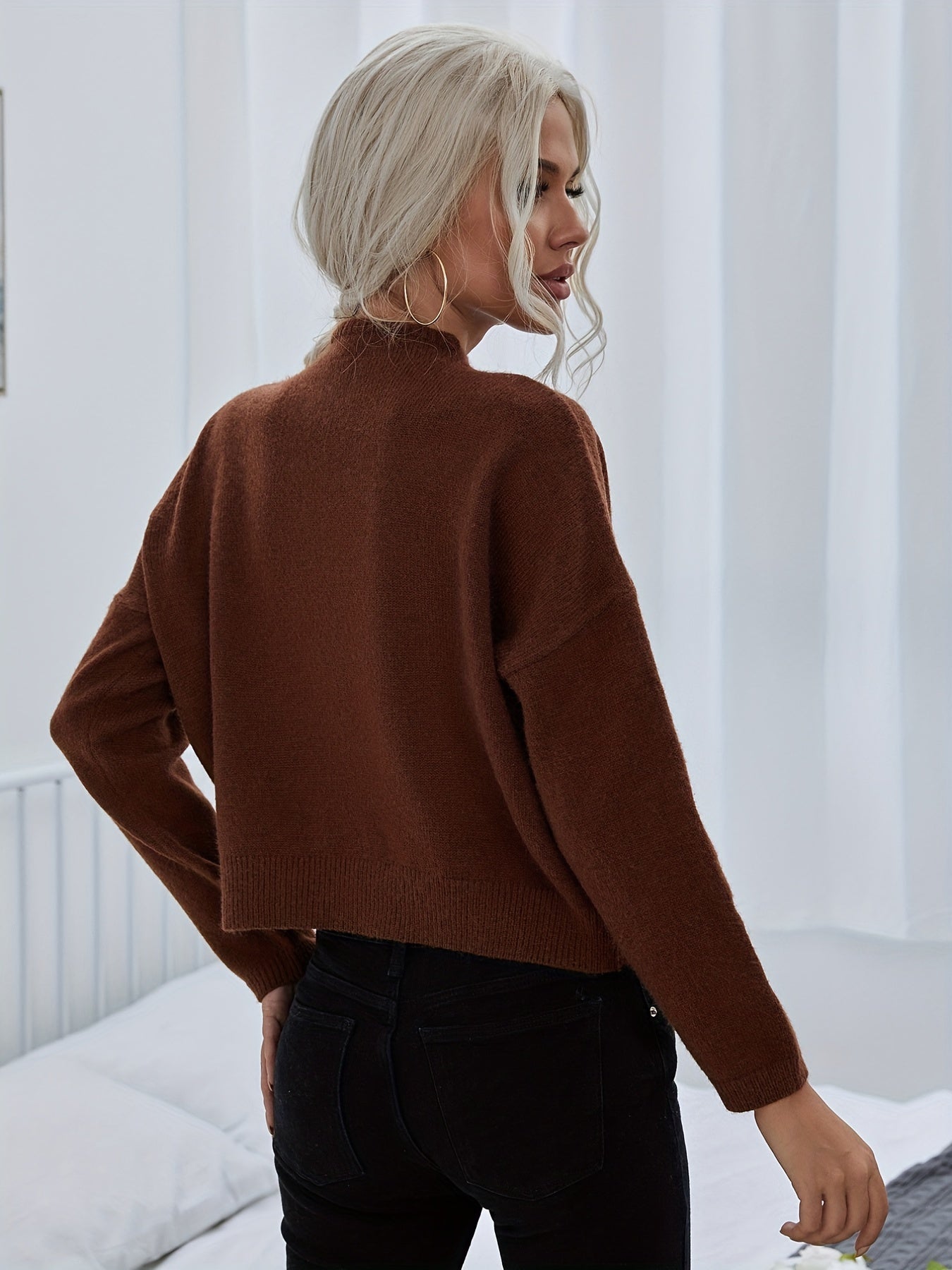 vlovelaw Solid Mock Neck Pullover Sweater, Casual Long Sleeve Sweater For Fall & Winter, Women's Clothing